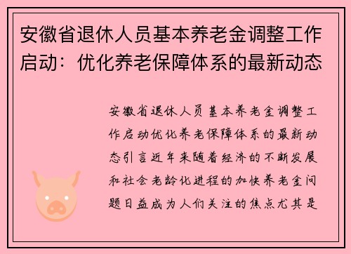 安徽省退休人员基本养老金调整工作启动：优化养老保障体系的最新动态
