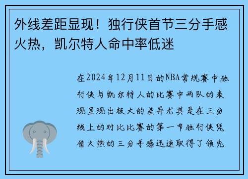 外线差距显现！独行侠首节三分手感火热，凯尔特人命中率低迷