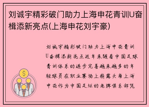 刘诚宇精彩破门助力上海申花青训U奋楫添新亮点(上海申花刘宇豪)