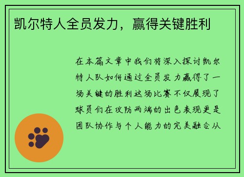 凯尔特人全员发力，赢得关键胜利
